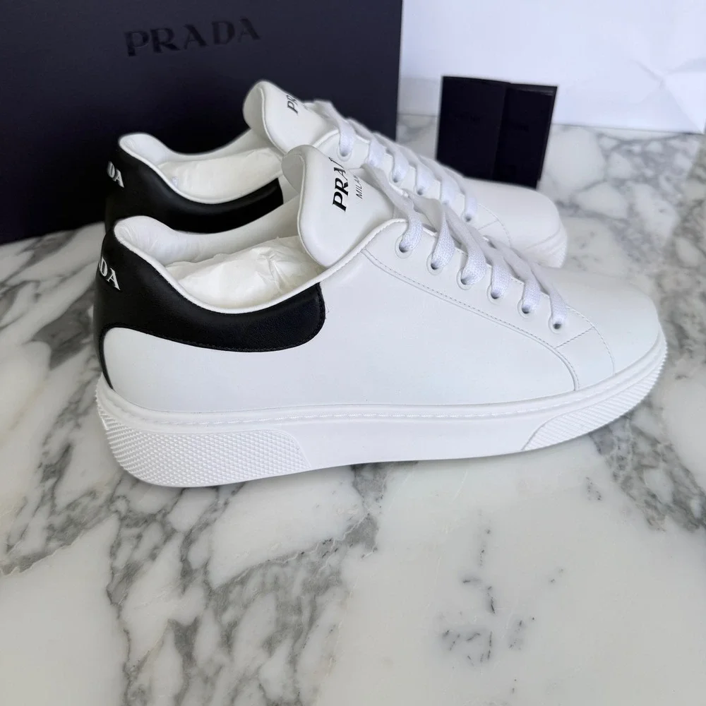 Prada Women White Leather Low Top Sneakers Black Heel Tab 1E621M Size US 9.5